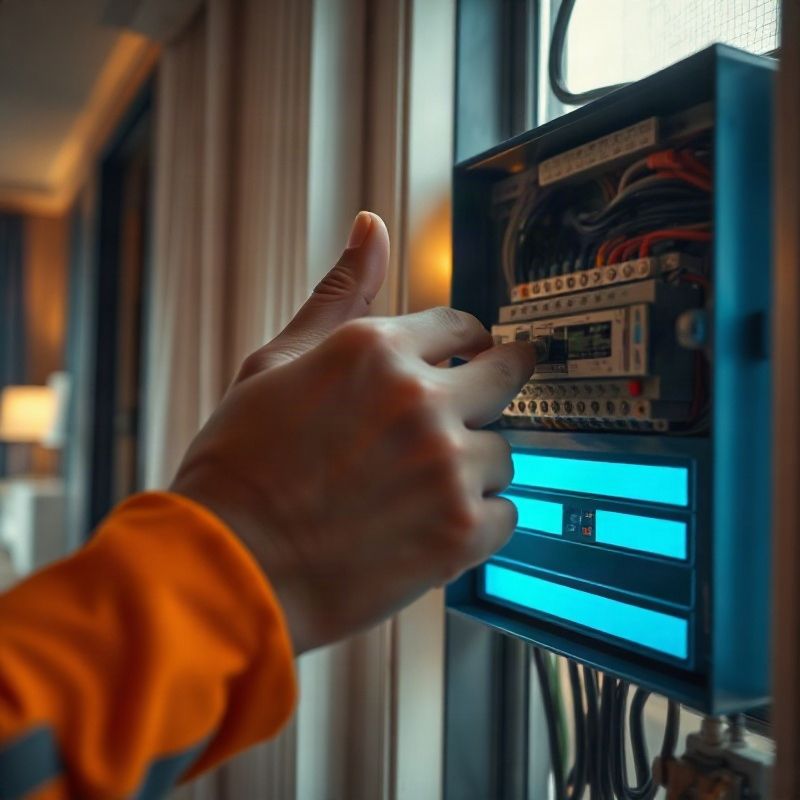 Mãos de técnico da Lumenqpulse trabalhando em painel elétrico residencial