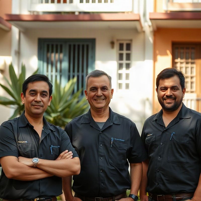 Equipe de três técnicos da Lumenqpulse em frente a fachada em Laranjeiras